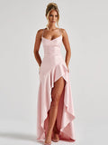 Articat Elegant Spaghetti Strap Satin Split Maxi Dress Women Sexy Backless Bodycon Party Evening Dress Summer Holiday Beachwear