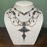 Goth Halloween Necklace for Women,Bat Cross Heart Red Crystal Pendant,Stacking Chain Dark Party Jewelry,Daily Wear&Surprise Gift
