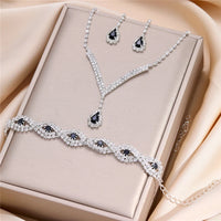 3 Pcs Luxury Rhinestone Bride Jewelry Set for Women Black Water Drop Crystal Earrings Wedding V Necklace Eye Bracelet Fashion