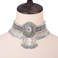 Ethnic Statement Collar Necklace for Women Choker Bohemian Vintage Hollow Geometric Crystal Rhinestone Beads Coin Tassel Jewelry