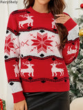 Fairyshely 2025 Winter Print Christmas Knitted Sweater Women Casual O Neck Red Pullover Autumn Ladies Long Sleeve Loose Jumper