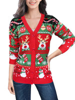 Fashionable knitted V-neck Christmas pattern single breasted long sleeved cardigan for autumn and winter women's casual sweater
