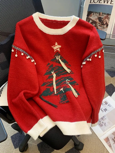 Christma Tree Knit Sweater Pullover Women Fashion Loose Casual Ladies Tops 2023 Winter Long Sleeve O-neck Knitwear Jumpers