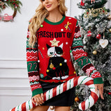 Winter 2025 Women's Christmas Knit Jumpers Long Sleeve O Neck Warm Thick Sweater Cartoon Print Soft Cute Pullover Xmas Look Top