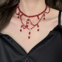 Luxurious Multi-Layer Red Beaded Flower Tassel Necklace Fashionable Choker High-End Clavicle Chain Jewelry Accessory