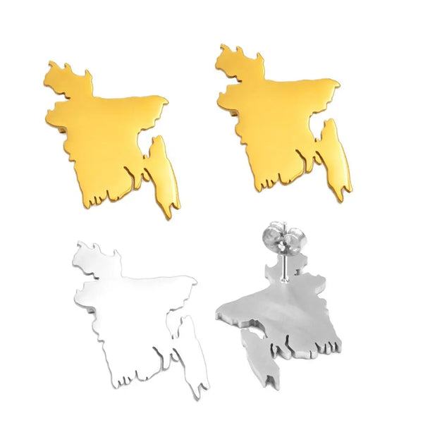 Anniyo 2.8CM Bangladesh Map Stud Earrings Gold Color/Silver Color Stainless Steel Bangladeshi Maps Bengali #232321