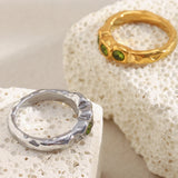 E.B.belle New Vintage Style Three Green Zircon Ring PVD Plated 316L Stainless Steel Simple Women Statement Finger Chic Jewelry