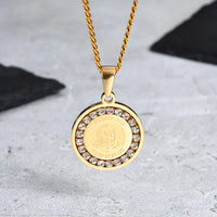 Men's Bible Verse Prayer Zircon Necklace,Stainless Steel Praying Hands Coin Medal Pendant Necklaces,Luxury Faith Jewelry Gift