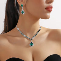 FYUAN Luxury Red Green Blue Black Pink Crystal Necklace Earrings For Women Water Drop Pendant Wedding Bride Jewelry Sets