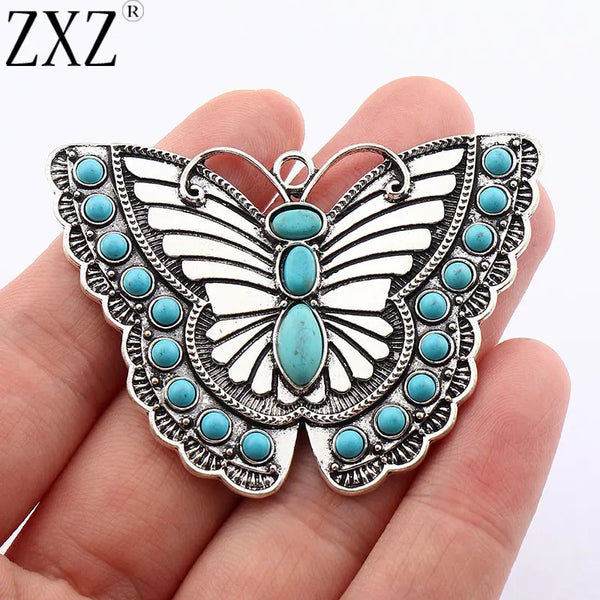 ZXZ 2pcs Tibetan Silver Large Imitation Turquoise Stone Butterfly Insect Charms Pendants For Necklace Jewelry Making Findings