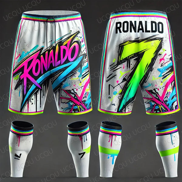 Classics AI Design Printed Ronaldo Graffiti Oversized Football Shorts Sweat-Wicking Quick-Drying for Daily Training Beach shorts