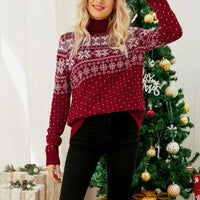 Winter 2025 Women's Christmas Sweater Full Sleeve Turtleneck Knitted Jumpers Soft Loose Jacquard Pullover Tops Female Xmas Look