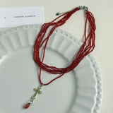 Luxurious Multi-Layer Red Beaded Flower Tassel Necklace Fashionable Choker High-End Clavicle Chain Jewelry Accessory