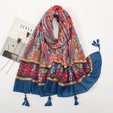Ethnic Printed Cotton Hijab Viscose Tassels Scarf For Muslim Woman Hijabs Shawls Lady Soft Long Wraps Islim Headband Turban