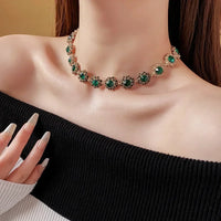 1/4 Pcs French Retro Rhinestones Choker Necklaces for Women Luxury Green Flower Ear Studs Elegant Snape Bracelet Jewelry Sets M