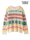 TRAF Women's Fashion 2024 Autumn and Winter Casual Loose Long Sleeve Round Neck Color-Collision Jacquard Knit Christmas Sweater