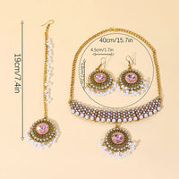 Luxury Gold Color Round Crystal Jewelry Set Vintage Earring Necklace Forehead Headdress Dubai Bridal Wedding Jewelry Accessories