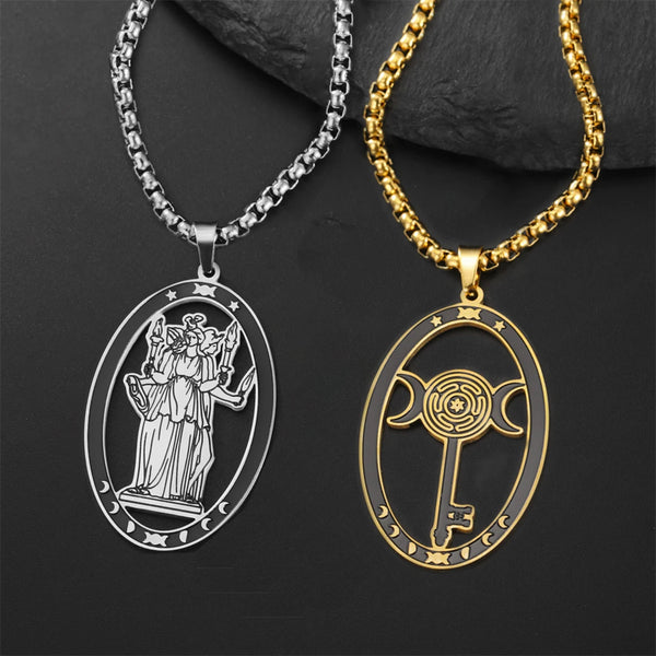 EUEAVAN Stainless Steel Triple Moon Goddess Pendant Necklace Box Chain Hollow Wheel of Hecate Choker Vintage Amulet Jewelry Gift