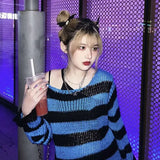 2024 Purple Striped Gothic Sweaters Women Ripped Holes Loose Knitted Pullover Frayed Fairy Grunge Jumpers Emo Streetwear Lolita