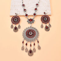 Gypsy India Ethnic Style Water Drop Pendant Geometric Crystal Necklace Earrings For Women Retro Silver Plated Bohemian Jewelry