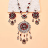 Gypsy India Ethnic Style Water Drop Pendant Geometric Crystal Necklace Earrings For Women Retro Silver Plated Bohemian Jewelry