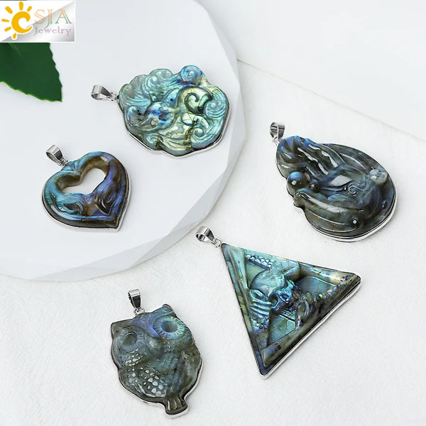 CSJA Natural Stone Labradorite Heart Pendant for Making Necklace Animal Owl Fox Carving Pendants Jewelry Gift Men H480