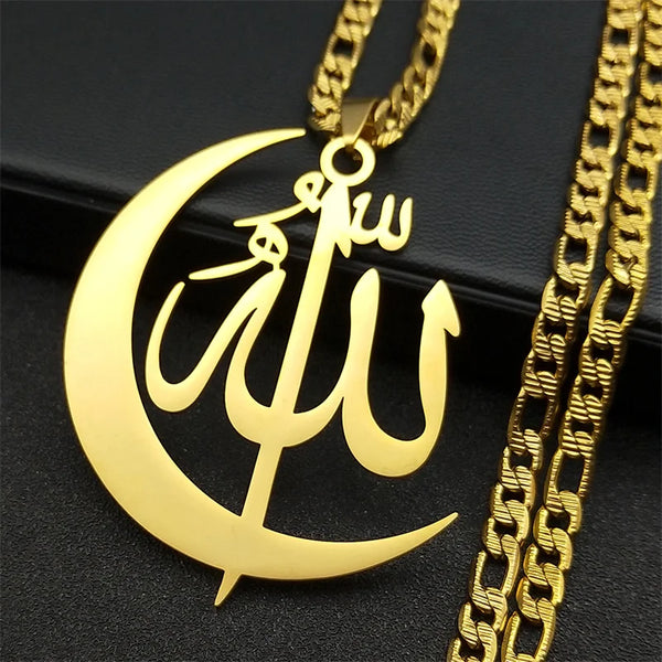 Muslim Allah Crescent Moon Symbol Necklace for Women Men Stainless Steel Silver Color Arabic Islamic Chain Jewelry collarNZZZ769