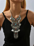 Boho Ethnic Retro Antique Gold color Alloy Carving Imitation Turquoise Coin Tassel Statement Necklace Women's Party Accessories