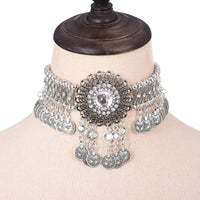 Ethnic Statement Collar Necklace for Women Choker Bohemian Vintage Hollow Geometric Crystal Rhinestone Beads Coin Tassel Jewelry