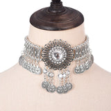 Ethnic Statement Collar Necklace for Women Choker Bohemian Vintage Hollow Geometric Crystal Rhinestone Beads Coin Tassel Jewelry