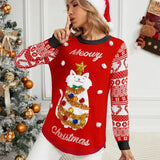 Y2k Style Women's Christmas Sweaters 3d Cartoon Cat Knitted Jumper Full Sleeve O Neck Soft Loose Knitwear Xmas Look Pullover Top