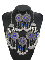 KMVEXO Gypsy Bohemia Chic Vintage Metal Coin Crystal Tassel Jewelry Sets Women Hippie Turkish Ethnic Tribal Necklace Earring Set