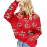 Women Deer Jacquard Red Christmas Sweater Knitteds Autumn Winter Ladies Casual Loose Cute Long Sleeve Pullover Knitted Sweaters