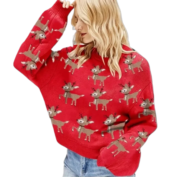 Women Deer Jacquard Red Christmas Sweater Knitteds Autumn Winter Ladies Casual Loose Cute Long Sleeve Pullover Knitted Sweaters