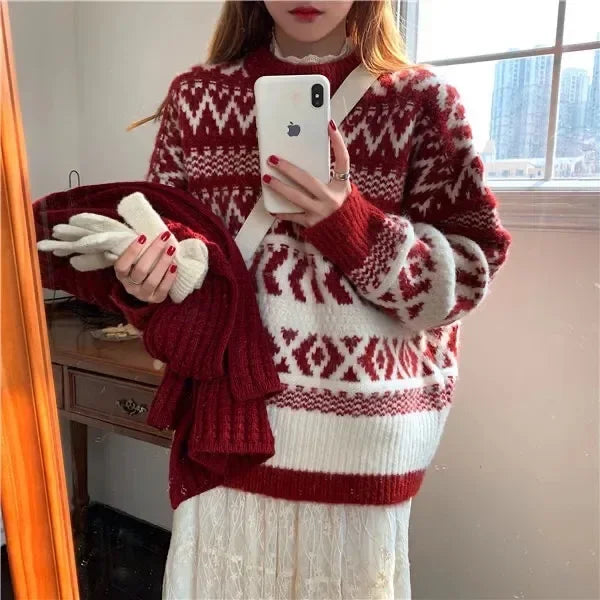 Retro Loose Casual Thickened Christmas New Year Geometric Pattern Women's Sweater Crew Neck Pullover Knitwear from Mainland Chin