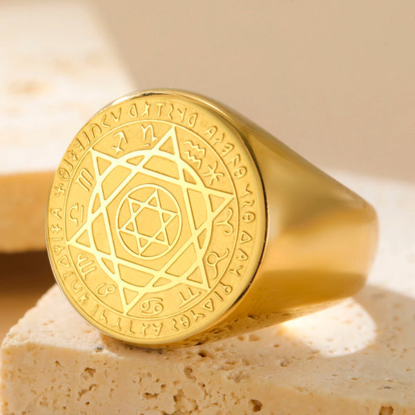 Dawapara Talisman Seal Solomon Ring Hexagram 12 Constellation Kabbalah Prosperity Good Health Amulet Stainless Steel Jewelry