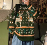 Christmas Reindeer Pullover Sweater Long Sleeve Red Loose Lazy Knitwear Horean Casual O Neck Hiphop Bf Couple Harajuku Y2K Top