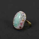 G-G Real Blue Amazonite Tourmaline Colorful CZ Paved Rings Adjustable Handmade Stone Ring Lady Simple Gifts