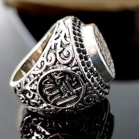 Huitan Hyperbole Big Rings for Men/Women Anti Silver Color Punk Male Rings Carved Pattern Black Stone Daily Wear Gothic Jewelry