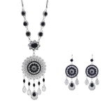 Gypsy India Ethnic Style Water Drop Pendant Geometric Crystal Necklace Earrings For Women Retro Silver Plated Bohemian Jewelry