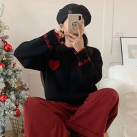 Xingqing Christmas y2k Sweaters Women Clothes Heart Print Round Neck Long Sleeve Knitted Pullover Tops 2000s Aesthetic Clothing