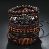 Red 6 Pc/set Tree Black Wrap Woven Handmade Wood Beads Bracelets Male Women Leather Bracelets Men Bangle Wholesale Jewelry Gift