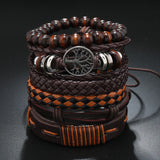 Red 6 Pc/set Tree Black Wrap Woven Handmade Wood Beads Bracelets Male Women Leather Bracelets Men Bangle Wholesale Jewelry Gift