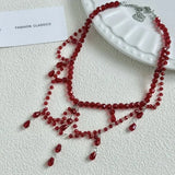 Luxurious Multi-Layer Red Beaded Flower Tassel Necklace Fashionable Choker High-End Clavicle Chain Jewelry Accessory