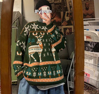 Christmas Reindeer Pullover Sweater Long Sleeve Red Loose Lazy Knitwear Horean Casual O Neck Hiphop Bf Couple Harajuku Y2K Top