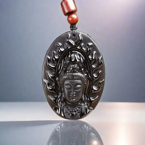 Natural Genuine Obsidian Pendant Zodiac Natal Buddha Guardian God Dainichi Rulai Pendant Jewelry Gift for Men and Women