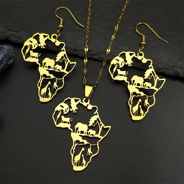 New fashion African map animal logo hollow stainless steel earrings pendant necklace set accessories temperament everything coll