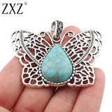 ZXZ 2pcs Tibetan Silver Large Imitation Turquoise Stone Butterfly Insect Charms Pendants For Necklace Jewelry Making Findings