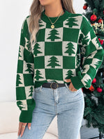 VigoCasey 2025 Autumn Winter Lady Christmas Knitted Sweater Women O Neck Plaid Print Pullover Lantern Long Sleeve Loose Jumper