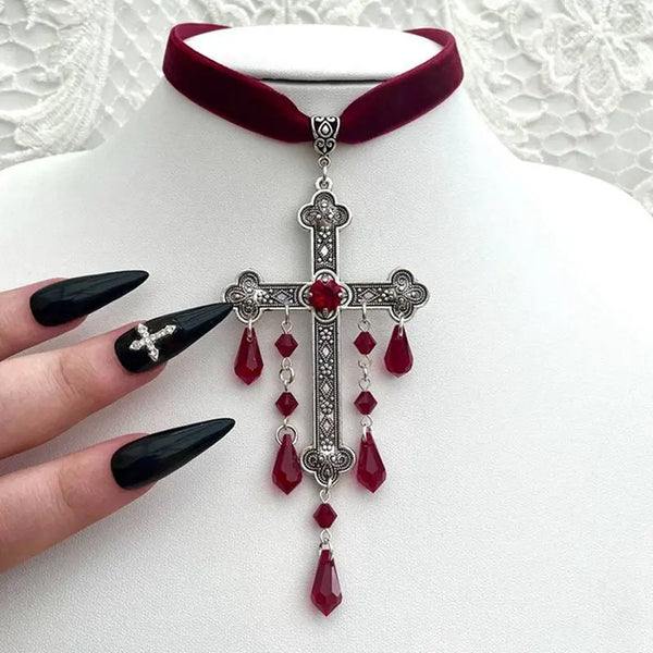 Punk Large Cross Choker Necklace for Women Vintage Red Goth Gothic Cross  Velvet Choker Pendant Y2k Fashion Girls Accessories